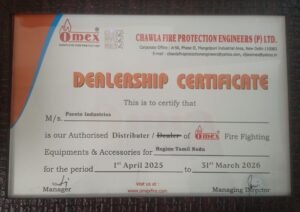 Distributer Certificate Of OMEX FIRE SAFETY PRODUCTS, PARETO IS THE AUTHORISED DISTRIBUTER OF OMEX FIRE SAFETY PRODUCTS IN CHENNAI TAMIL NADU SOUTH INDIA